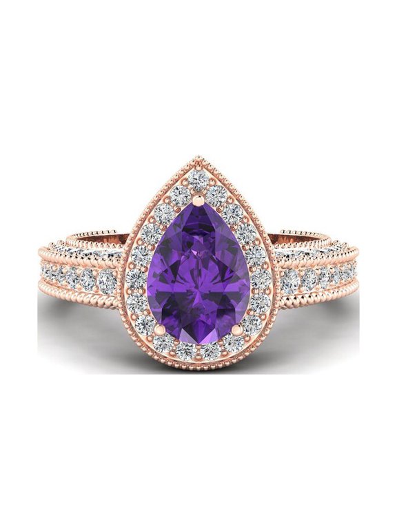 14K Rose Gold Pear Shaped Amethyst Ring For Women Birthstone Teardrop Ring