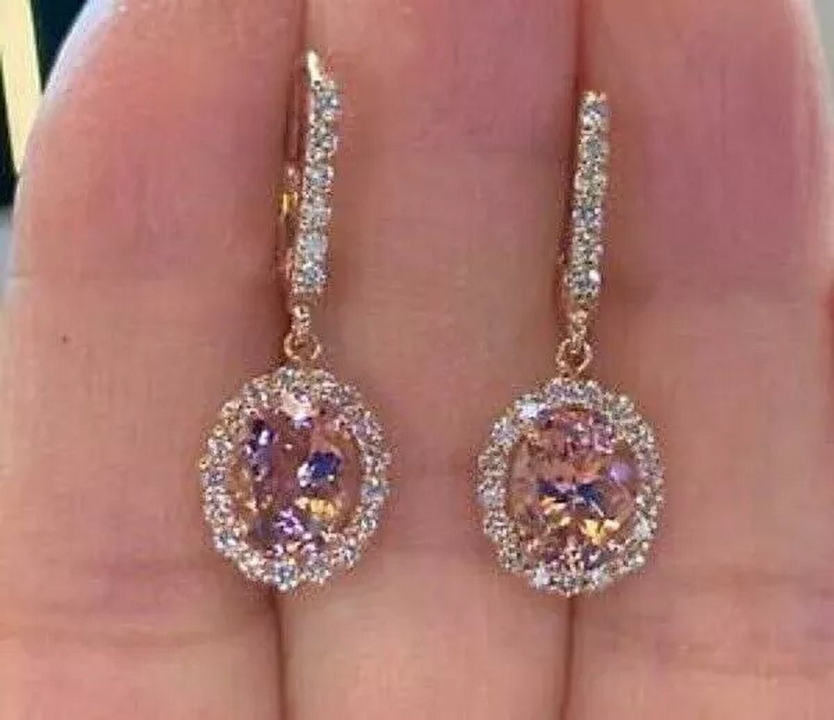 14K Rose Gold Plated 4TCW Oval Cut Morganite Lever back Halo Drop Dangle Earrings For Women's