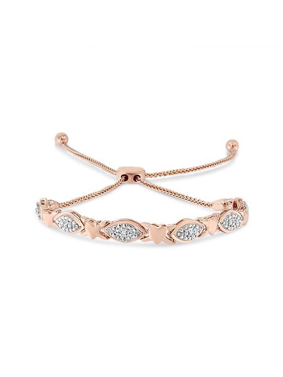14K Rose Gold Plated .925 Sterling Silver Diamond Accent Alternating Marquise Shape & Heart Links Bolo Bracelet, I-J Color - I3 Clarity - Adjustable 6 in. to 9 in.