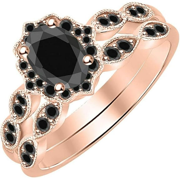 14K Rose Gold-Plated 925 Sterling Silver Oval Shape Black Diamond Vintage Style Wedding Engagement Bridal Ring Set For Womens