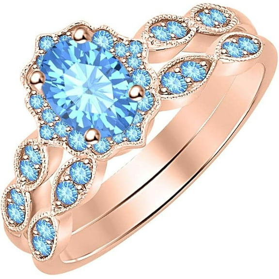 14K Rose Gold-Plated 925 Sterling Silver Oval Shape Blue Topaz Vintage Style Wedding Engagement Bridal Ring Set For Womens