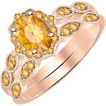 14K Rose Gold-Plated 925 Sterling Silver Oval Shape Citrine Vintage Style Wedding Engagement Bridal Ring Set For Womens