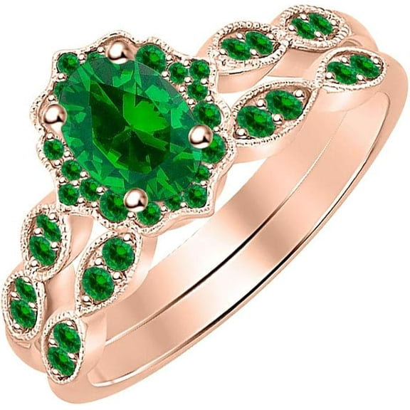 14K Rose Gold-Plated 925 Sterling Silver Oval Shape Green Emerald Vintage Style Wedding Engagement Bridal Ring Set For Womens