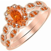 14K Rose Gold-Plated 925 Sterling Silver Oval Shape Orange Sapphire Vintage Style Wedding Engagement Bridal Ring Set For Womens