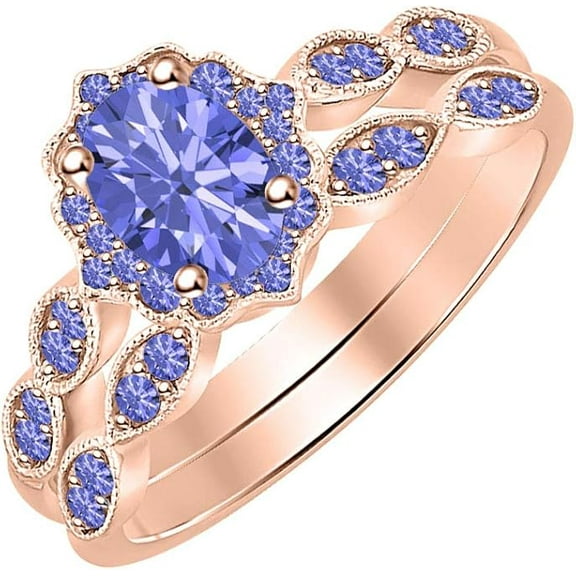 14K Rose Gold-Plated 925 Sterling Silver Oval Shape Tanzanite Vintage Style Wedding Engagement Bridal Ring Set For Womens