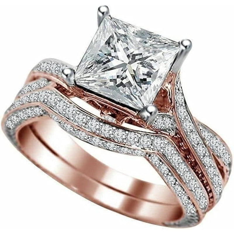 14K Rose Gold-Plated Bridal Set 2 CT Princess Cut White Diamond Engagement Ring with Curved Wedding Band 925 Sterling Silver Anniversary Gift For Women
