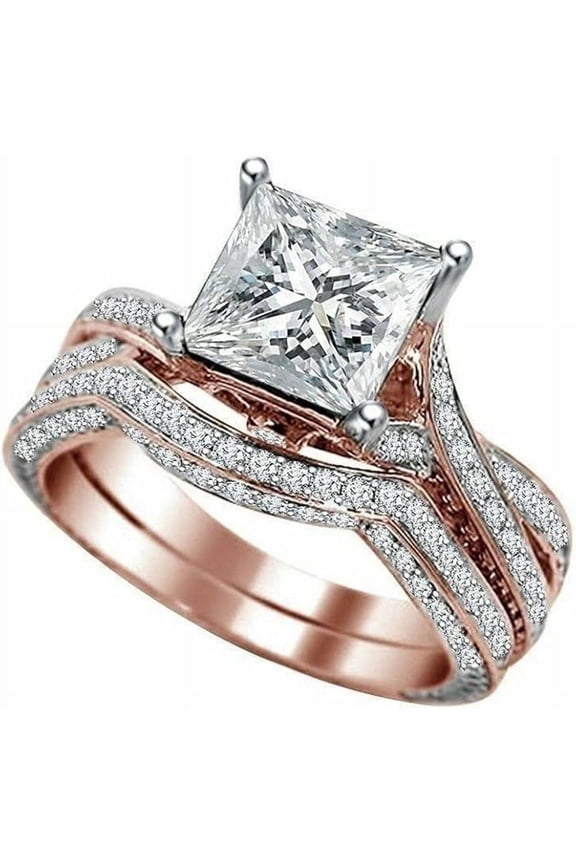 14K Rose Gold-Plated Bridal Set 2 CT Princess Cut White Diamond Engagement Ring with Curved Wedding Band 925 Sterling Silver Anniversary Gift For Women