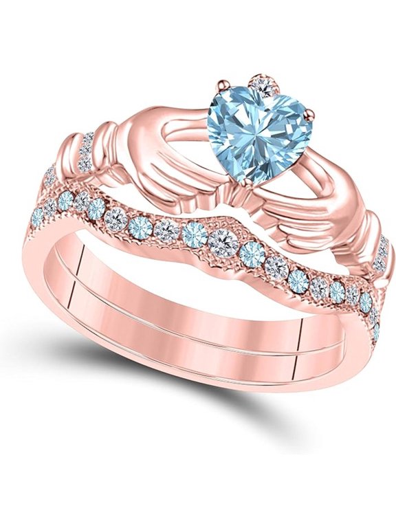 14K Rose Gold-Plated Crown Design Claddagh Bridal Set 1 CT Heart-Cut Aquamarine Engagement Ring with Curved Wedding Band 925 Sterling Silver Anniversary Gift For Women