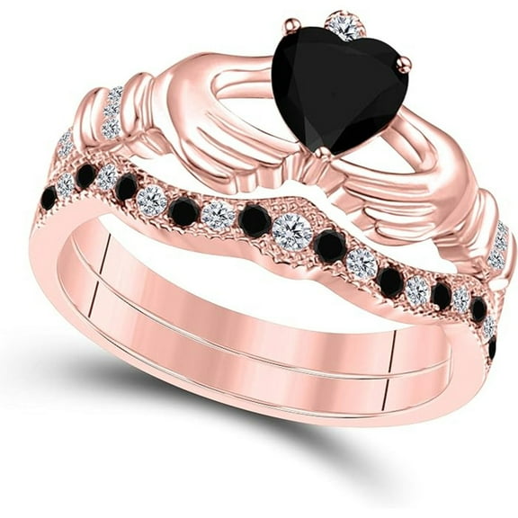14K Rose Gold-Plated Crown Design Claddagh Bridal Set 1 CT Heart-Cut Black Diamond Engagement Ring with Curved Wedding Band 925 Sterling Silver Anniversary Gift For Women