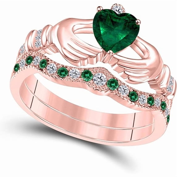 14K Rose Gold-Plated Crown Design Claddagh Bridal Set 1 CT Heart-Cut Green Emerald Engagement Ring with Curved Wedding Band 925 Sterling Silver Anniversary Gift For Women
