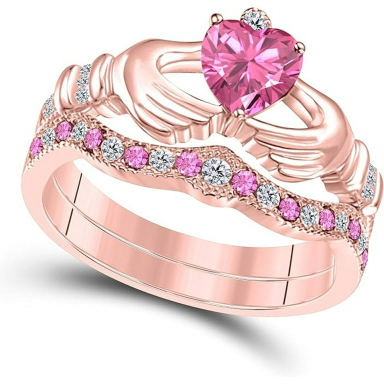 14K Rose Gold-Plated Crown Design Claddagh Bridal Set CT Heart