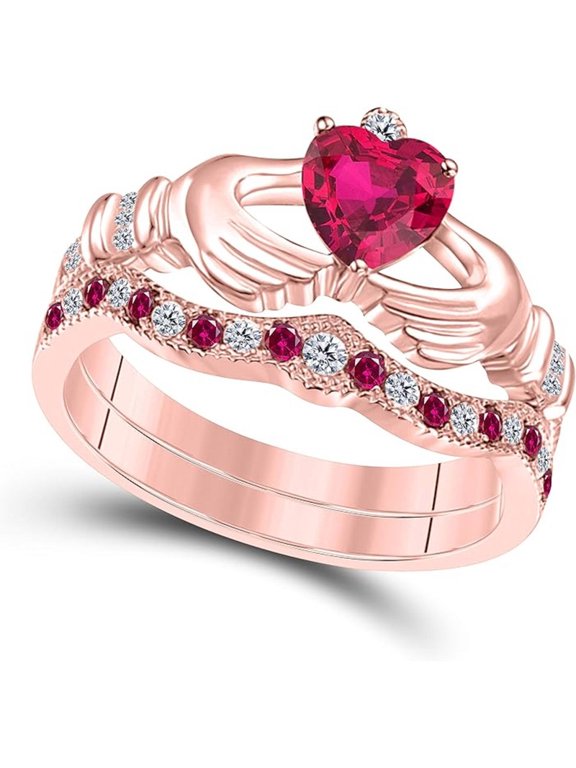 14K Rose Gold-Plated Crown Design Claddagh Bridal Set 1 CT Heart-Cut Ruby Engagement Ring with Curved Wedding Band 925 Sterling Silver Anniversary Gift For Women