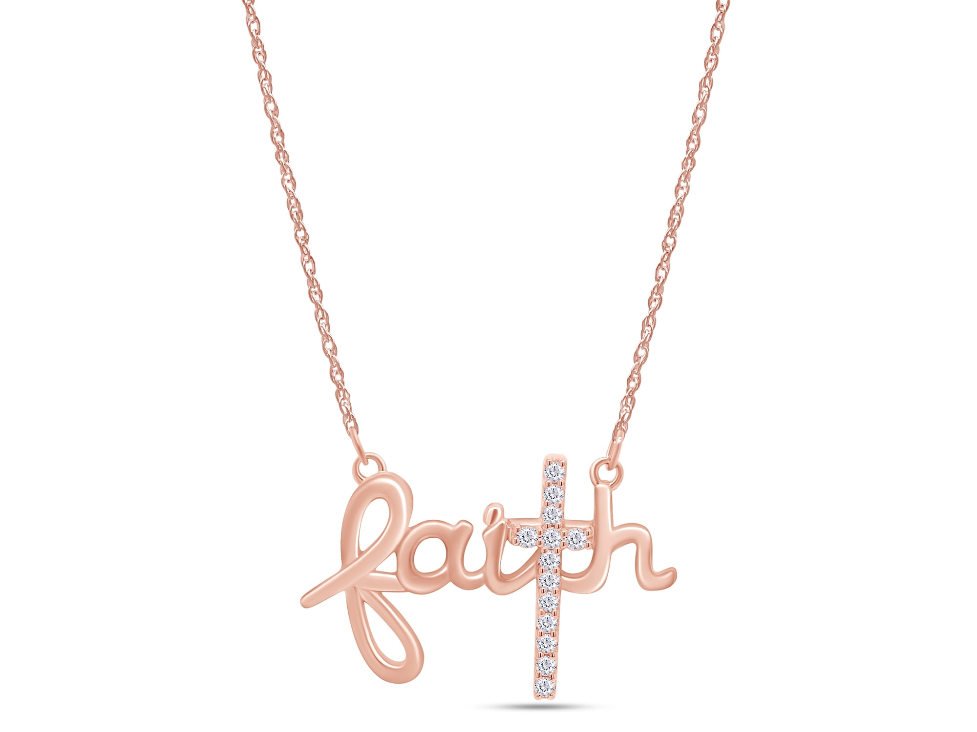 Solid 14K Rose Gold Faith Cross Necklace Hope Believe Pendant Necklace