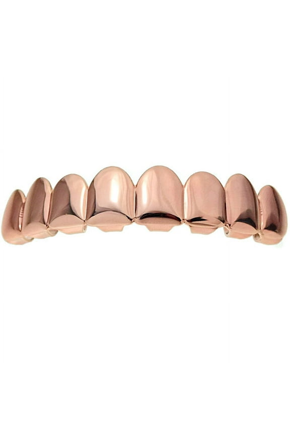 14K Rose Gold Plated Grillz Eight Tooth Upper Top 8 Piece Teeth Mens Hip Hop Grills