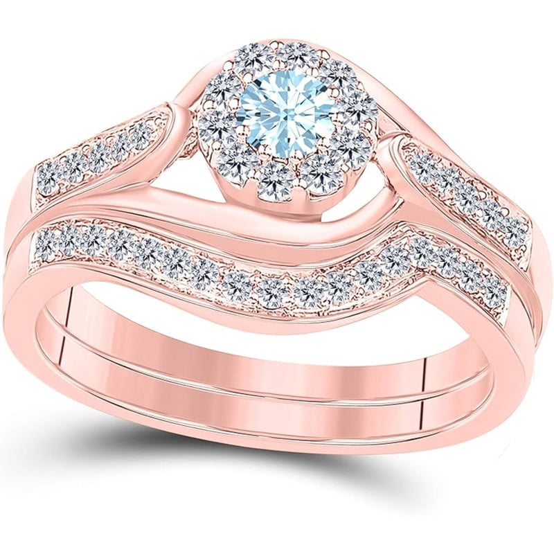 14K Rose GoldPlated Halo Style Bridal Set 1 CT Round Cut Aquamarine