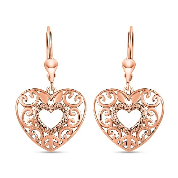14K Rose Gold Plated Heart Drop Earrings for Women 925 Sterling Silver Lever Back Filigree Jewelry Birthday Christmas Gifts for Women