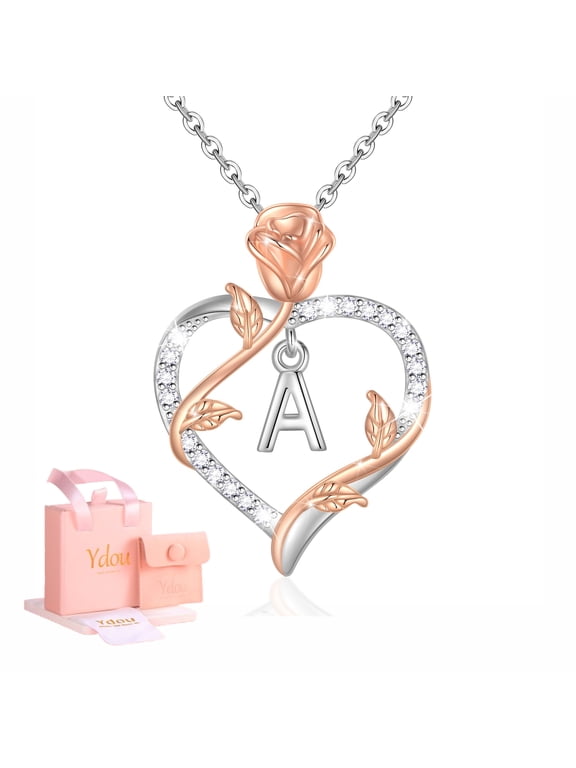 Rose Heart Initial Necklace for Women, 14K White Gold Plated Love Heart Letters with Rose Flower Pendant Necklace for Women