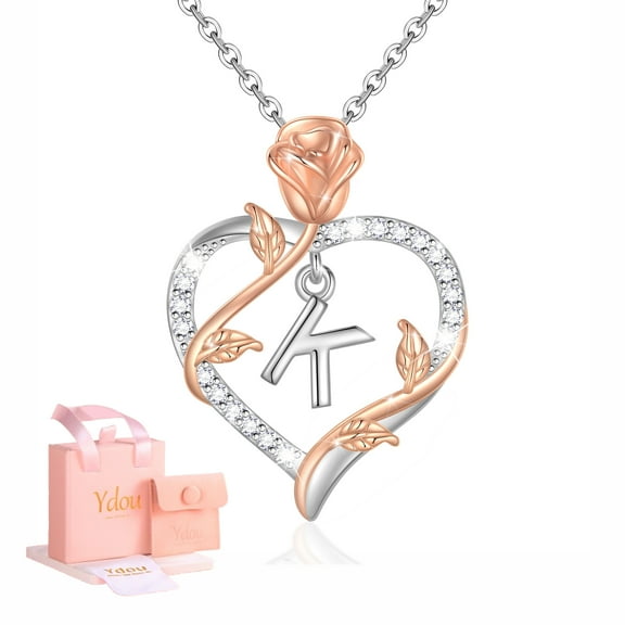 Ydou Rose Heart Initial Necklace for Women, 14K White Gold Plated Love Heart Letters with Rose Flower Pendant Necklace for Women
