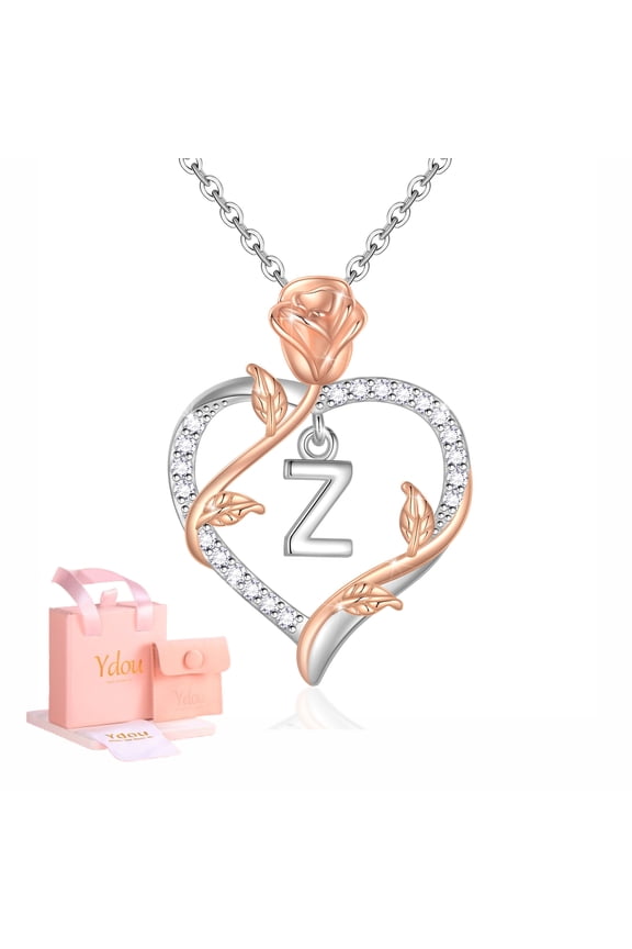 Rose Heart Initial Necklace for Women, 14K White Gold Plated Love Heart Letters with Rose Flower Pendant Necklace for Women