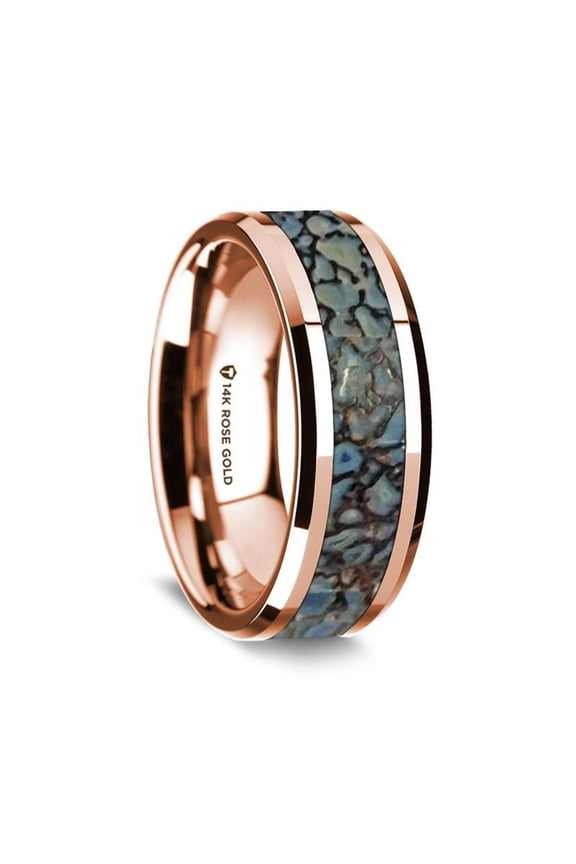 14K Rose Gold Polished Beveled Edges Wedding Ring with Blue Dinosaur Inlay - 8 mm