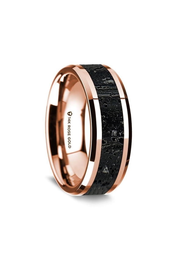 14K Rose Gold Polished Beveled Edges Wedding Ring with Lava Inlay - 8 mm