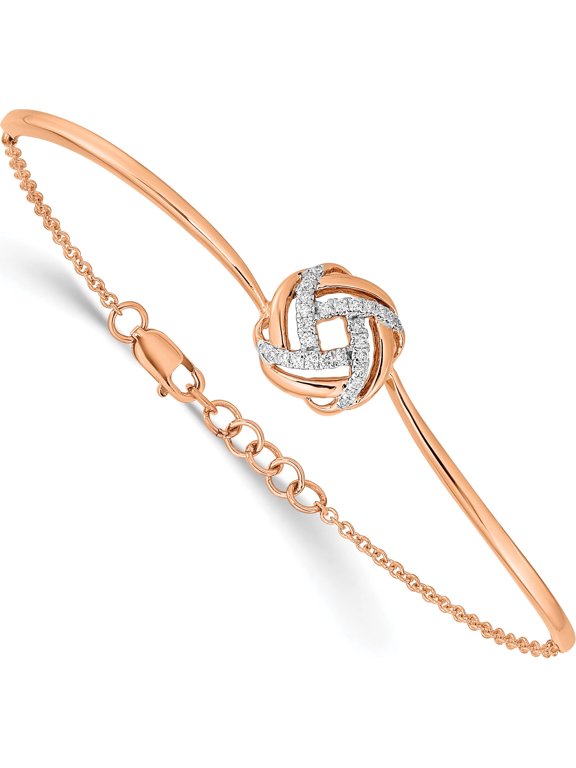 14K Rose Gold Polished Complete 1/8 carat Diamond Love Knot Half-Bangle 7 inch Bracelet with 0.5 inch Extender