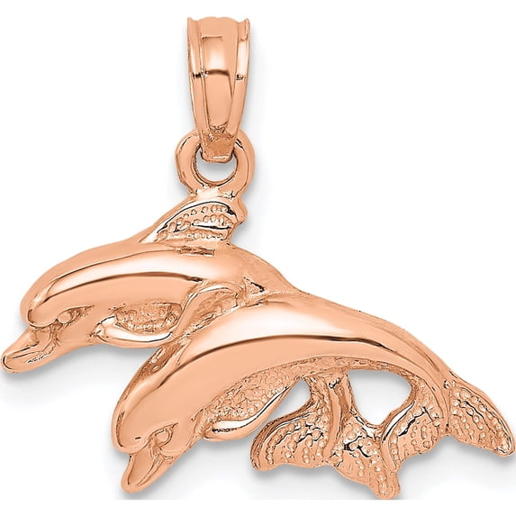 14K Rose Gold Polished Double Dolphins Jumping Left Charm (11.8 X 19.5) Made In United States k7725r