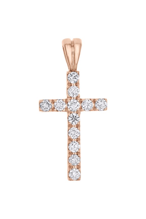 14K Rose Gold Real Diamond Mini 1 Row Prong Set Cross Pendant 1" Charm 0.57 CT.