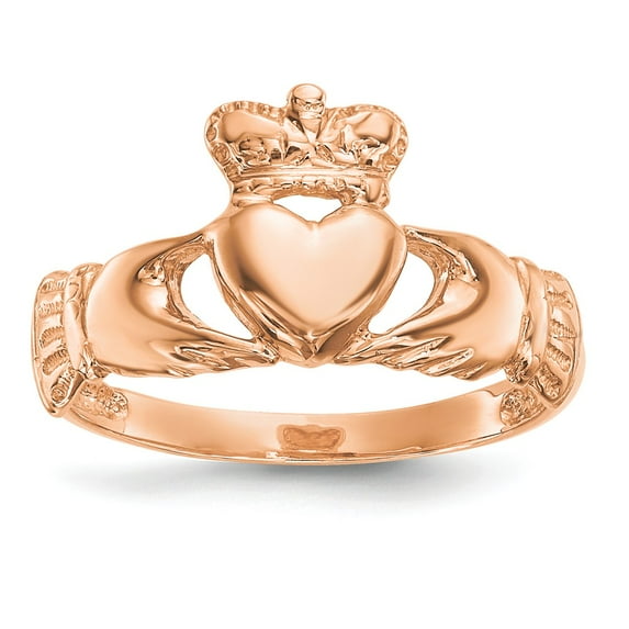 14K Rose Gold Ring Band Themed Open Back Polished Claddagh