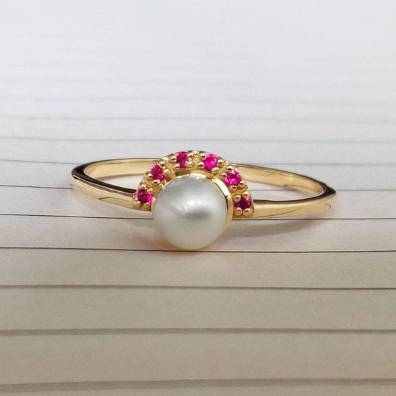 14K Rose Gold Ring Natural Pearl Engagement Ring Red Ruby Accented Bridal Wedding Ring Astrological June Birthstone Ring