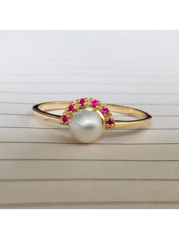 14K Rose Gold Ring Natural Pearl Engagement Ring Red Ruby Accented Bridal Wedding Ring Astrological June Birthstone Ring