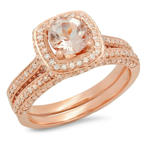 14K Rose Gold Round Cut Morganite & White Diamond Ladies Bridal Split Shank Halo Engagement Ring Set