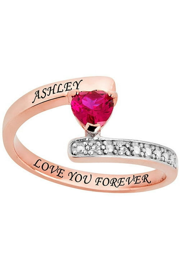 14K Rose Gold over Sterling Heart Birthstone Bypass Diamond Accent Ring