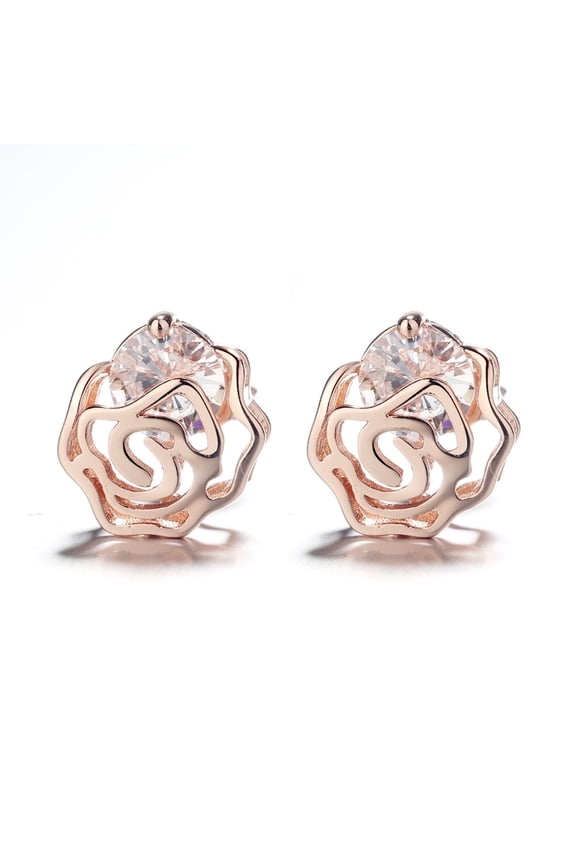 14K Rose Gold Over Sterling Silver Caged Rose Stud Earrings with Floating Swarovski Crystals