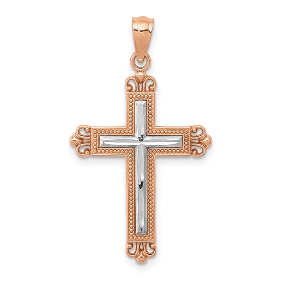 14K Rose Gold and White Rhodium Diamond-Cut Fleur de Lis Cross Pendant D4417
