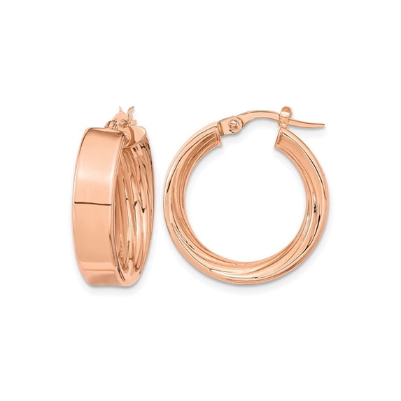 14K Rose Pink Gold Polished and Textured Hoop Earrings (5.5mm thick) for Women