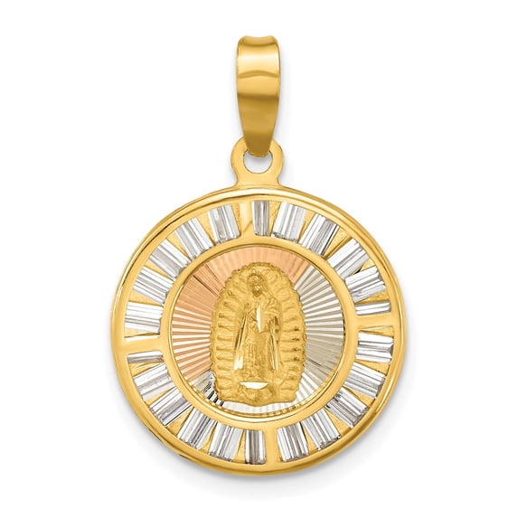 Finest Gold 14K with Rose & White Rhodium Polished Baguette CZ Our Lady of Guadalupe Round Pendant