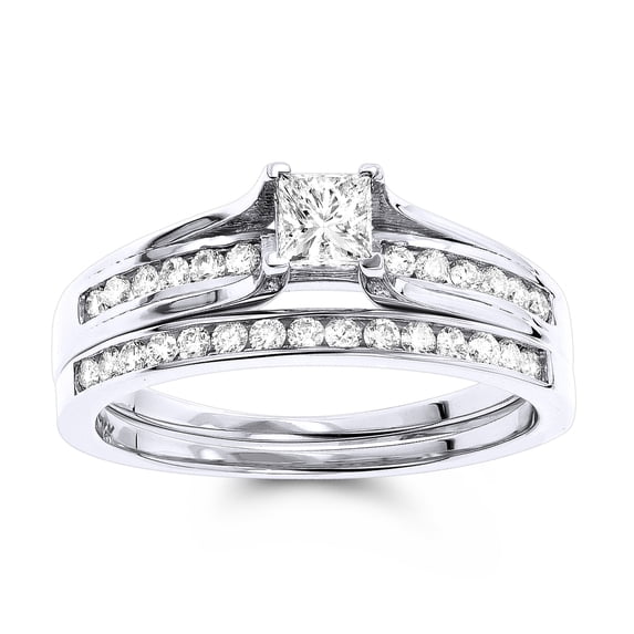 14K Round & Princess Cut Natural 1.1 Ctw Diamond Engagement Ring Set (White Gold Size 5.5)