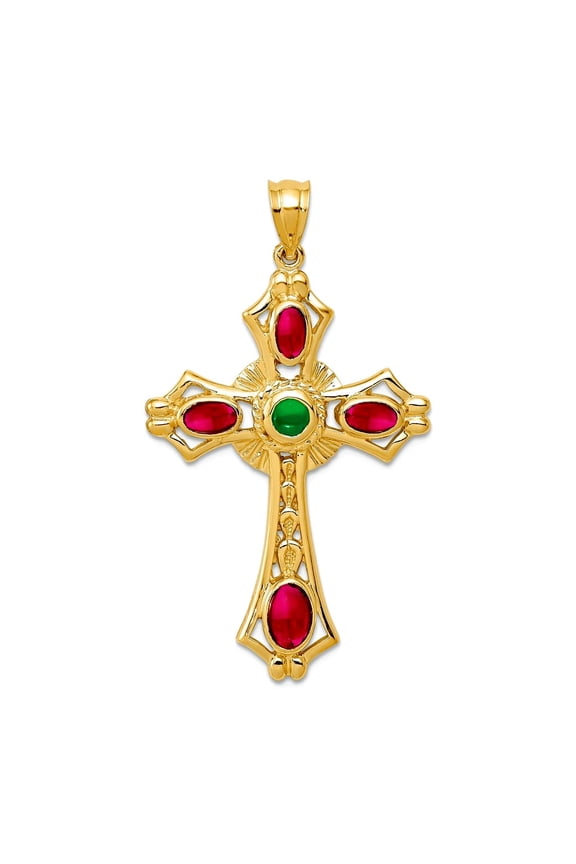 14k Yellow Gold Solid Polished Ruby and Emerald Cabochon Religious Faith Cross Pendant Necklace 24.7x44.3mm Pendant for