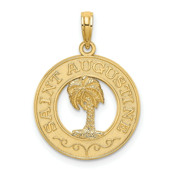 14K Yellow Gold SAINT AUGUSTINE FLORIDA Banner Palm Tree Circle Pendant