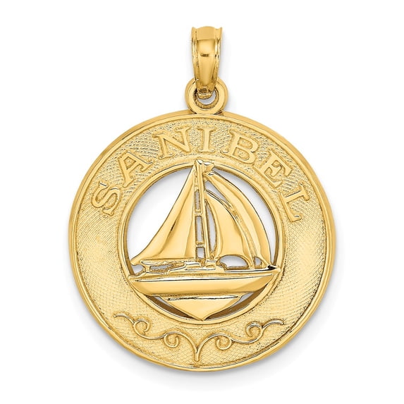 14K Yellow Gold SANIBEL Florida with Sailboat Circle Design Pendant