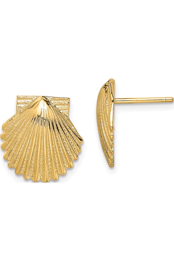 14K Yellow Gold Sparkling, Gorgeous, Graceful 12.45 Mm 11.92 2-D Polished Scallop Shell Post Earrings