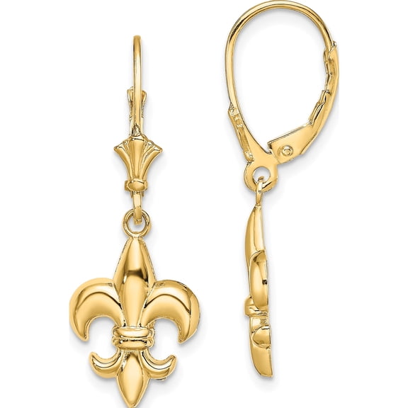 14K Yellow Gold Glamorous, Stunning, Sleek Polished 33 Mm 11.5 Small Fleur-De-Lis Leverback Earrings