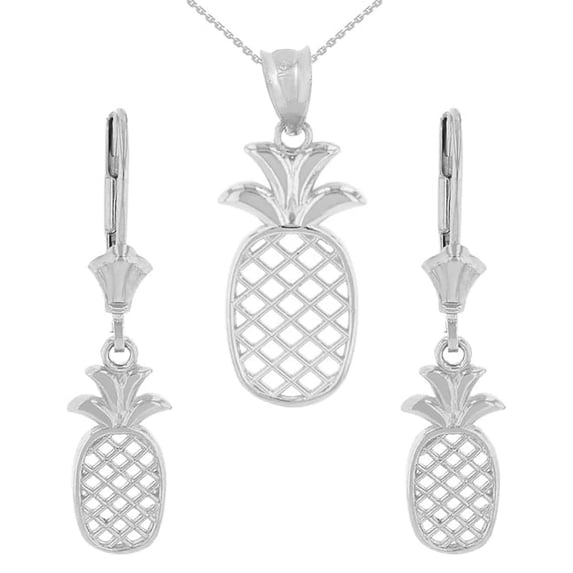 14K SOLID WHITE GOLD PINEAPPLE PENDANT EARRING SET : Pendant with 20" chain