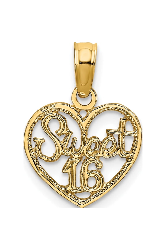 14K SWEET 16 in Heart Charm Yellow Gold Solid Flawless Trendy Handcrafted Ideal for collectors and jewelry lovers