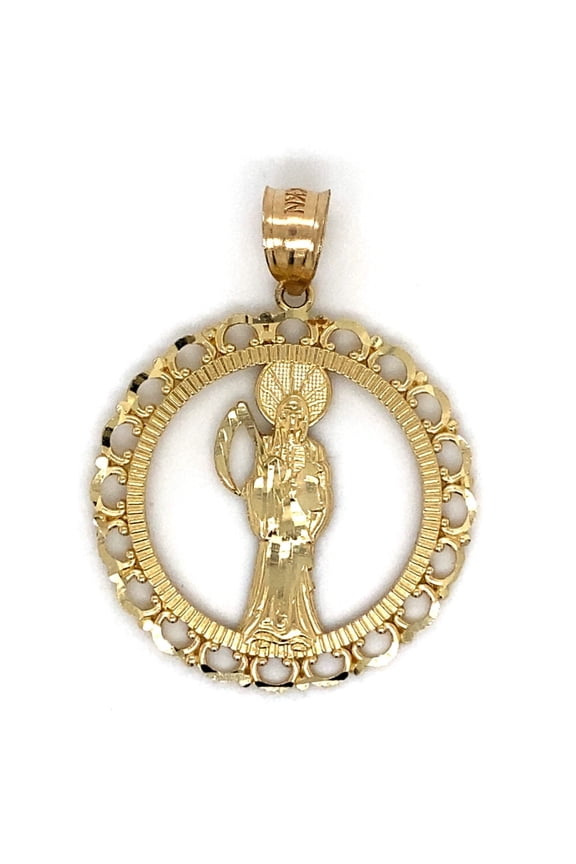14K Santa Muerte Round Pendant Adult Unisex