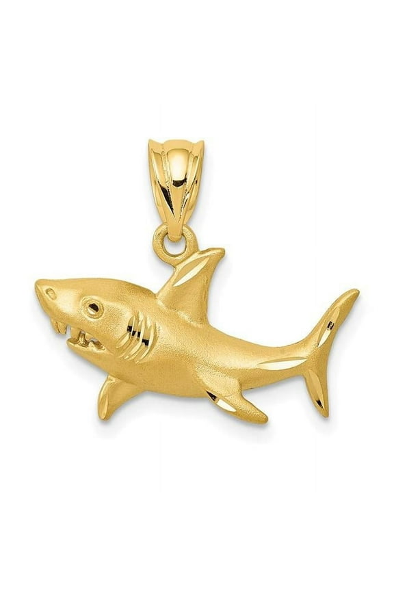 14K Yellow Gold Solid Brushed Diamond Cut Polished Finish Shark Charm Pendant
