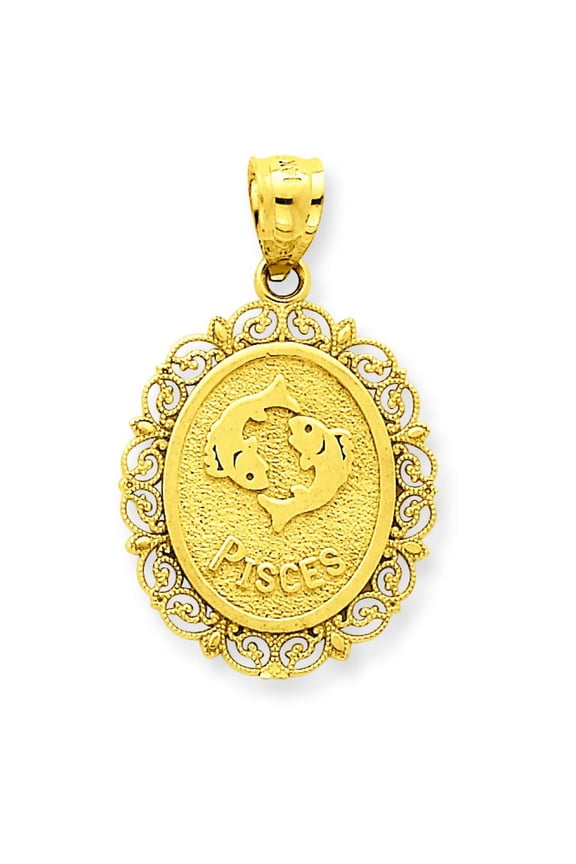 14K Satin Gold Pisces Zodiac Oval Charm Pendant Jewelry