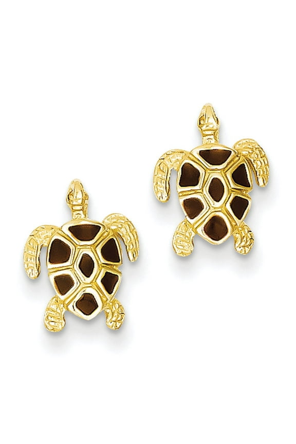 14K with Brown Enamel Textured Sea Turtle Post Earrings TE705