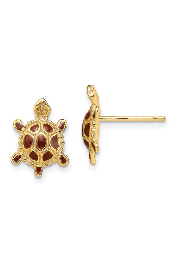 14K with Brown Enamel Sea Turtle Post Earrings TE679